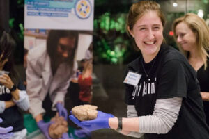 CNLM student assistant, Angela Prvulovic holding human brain