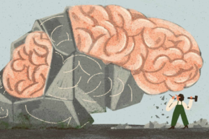 I have ‘pandemic brain’. Will I ever be able to concentrate again? Illustration of person breaking apart a brain with a hammer