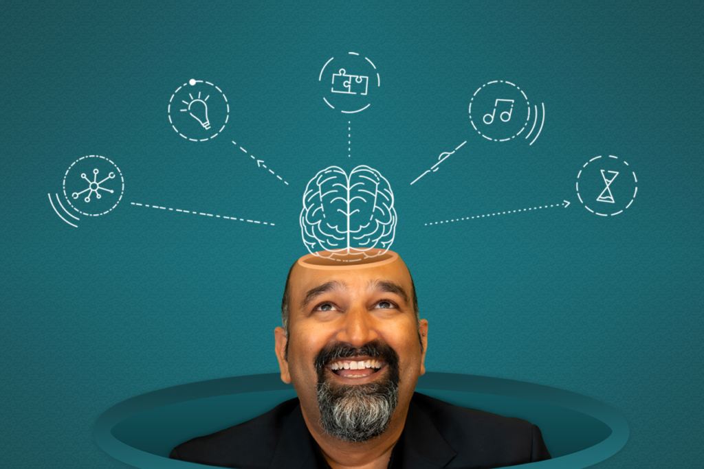 Sunil Gandhi Takes a Look Inside the Brain -image of Sunil Gandhi with illustration of brain