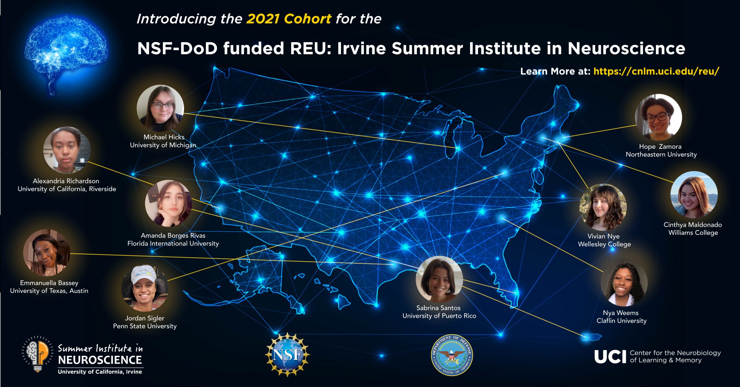 2021 Cohort for the Irvine Summer Institute in Neuroscience - graphic of interns placed on map of the United States based on location