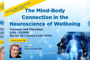 New Course! The Mind-Body Connection in the Neuroscience of Wellbeing - abstract image of woman looking up with 3d human skeleton