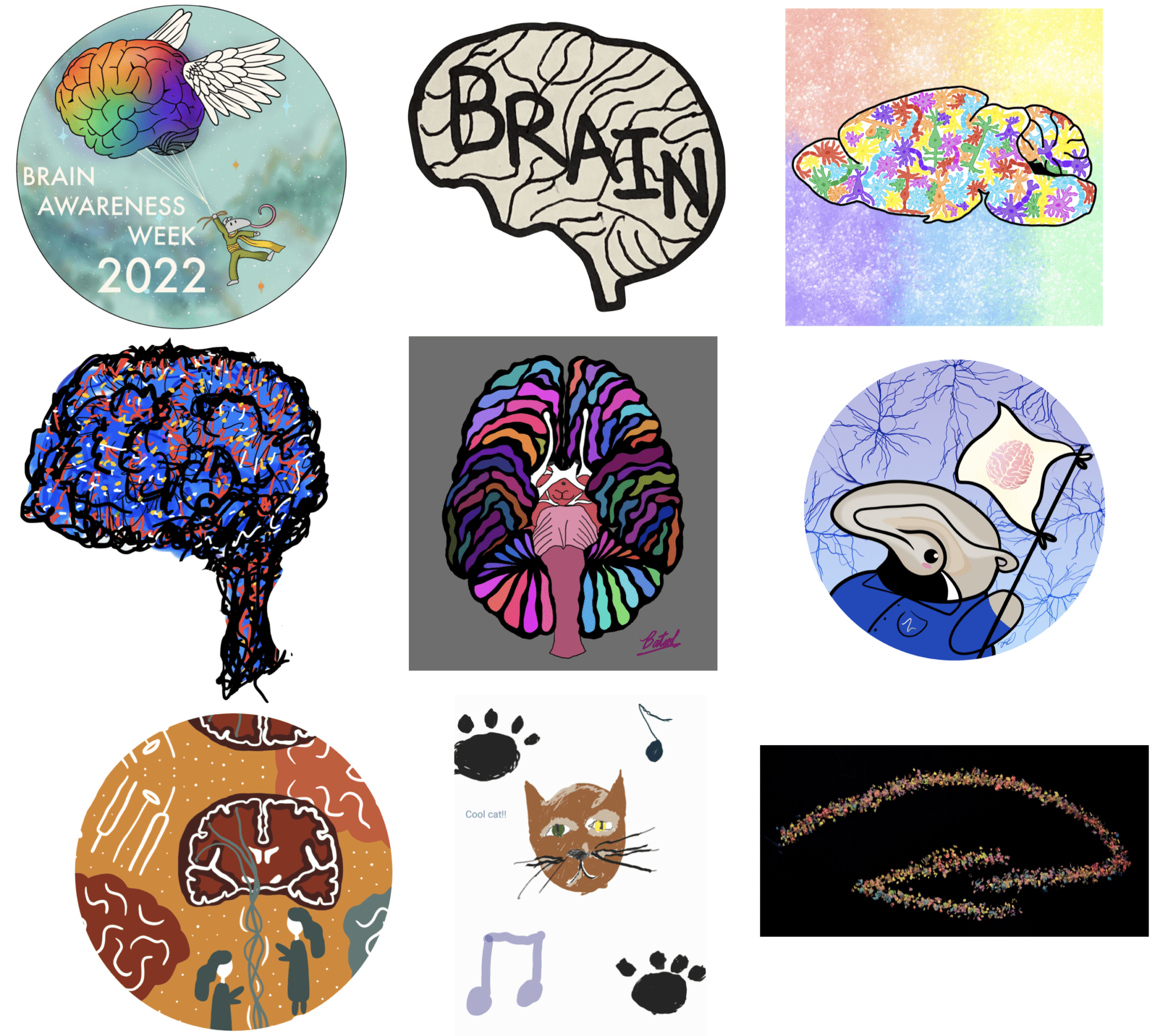 2022 Brain Awareness Week Sticker Competition - Image of 9 stickers with themes of Brains, neuroscience, human memory, brain memory, and brain research
