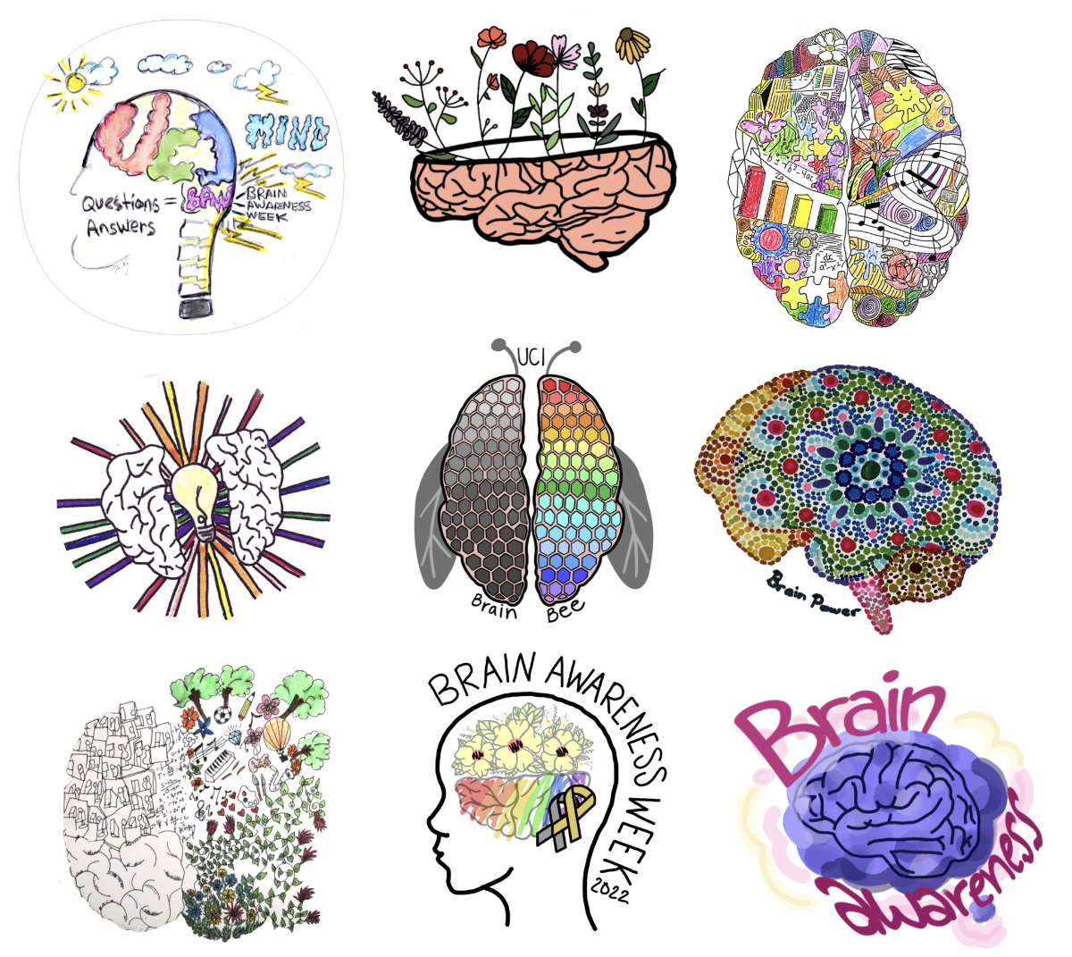 2022 Brain Awareness Week Sticker Competition - Image of 9 stickers with themes of Brain memory, neuroscience, human memory, learning and memory, and Brain Bee