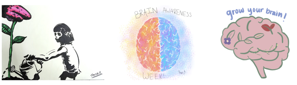 2022 Brain Awareness Week UCI CNLM - Image of stickers that illustrate learning and memory, ways to improve memory, human brain, and human memory