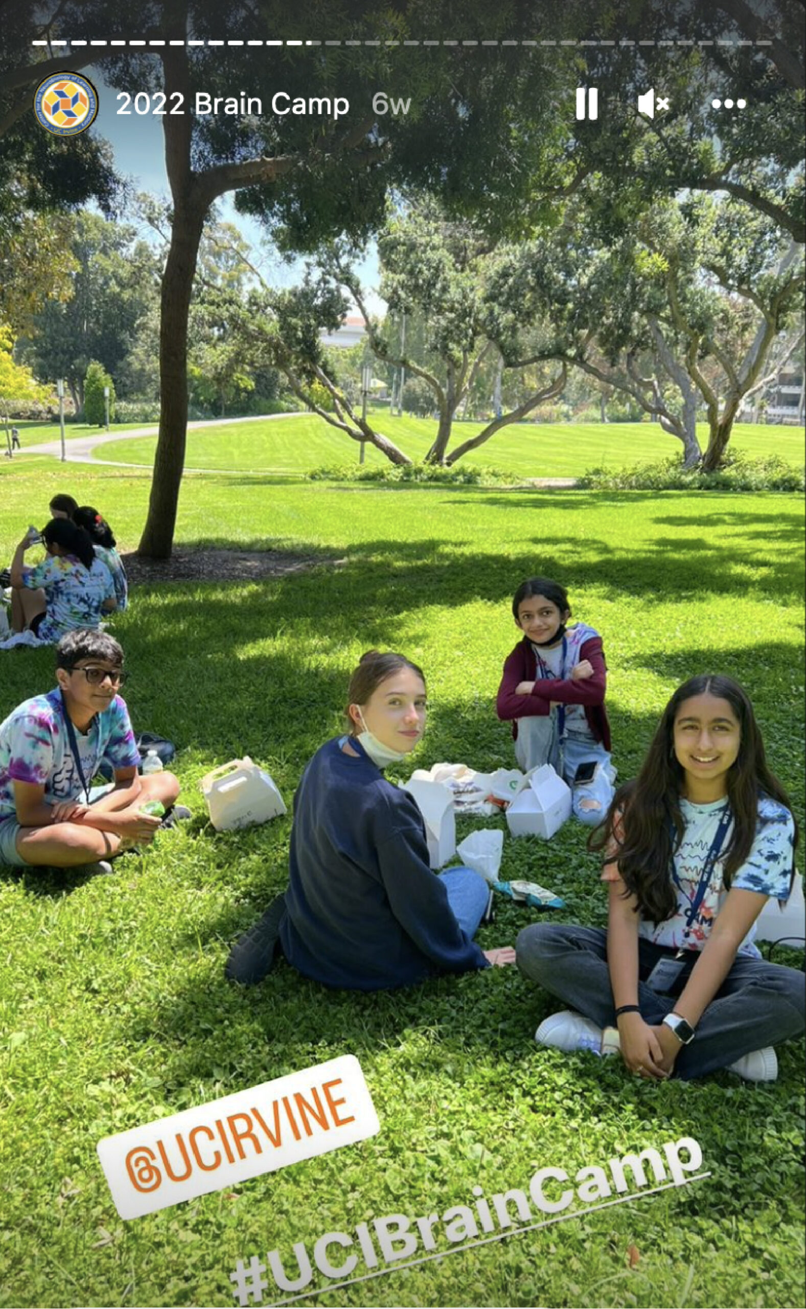 UCI Brain Camp students each lunch outside at Aldrich Park