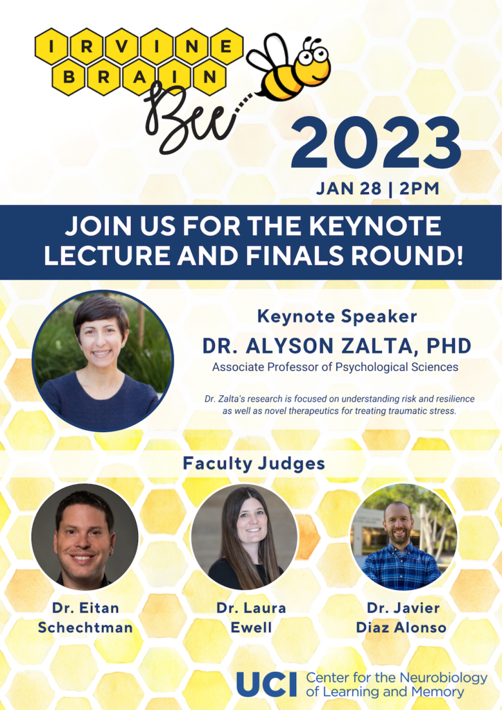 2023 Irvine Brain Bee featuring keynote speaker Dr. Alyson Zalta and faculty judges Dr. Eitan Schechtman, Dr. Laura Ewell, and Dr. Javier Diaz Alonso.