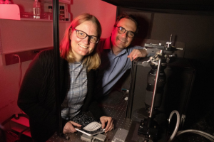 Jennifer Prescher (left) and Andrej Lupták collaborated on developing a new technique for attaching bioluminescent molecules to RNA which enables it to be tracked in real time as it moves throughout the body. The breakthrough promises to be beneficial in a wide range of health applications such as detecting viruses to mapping memories in the brain. Lucas Van Wyk Joel / UC Irvine