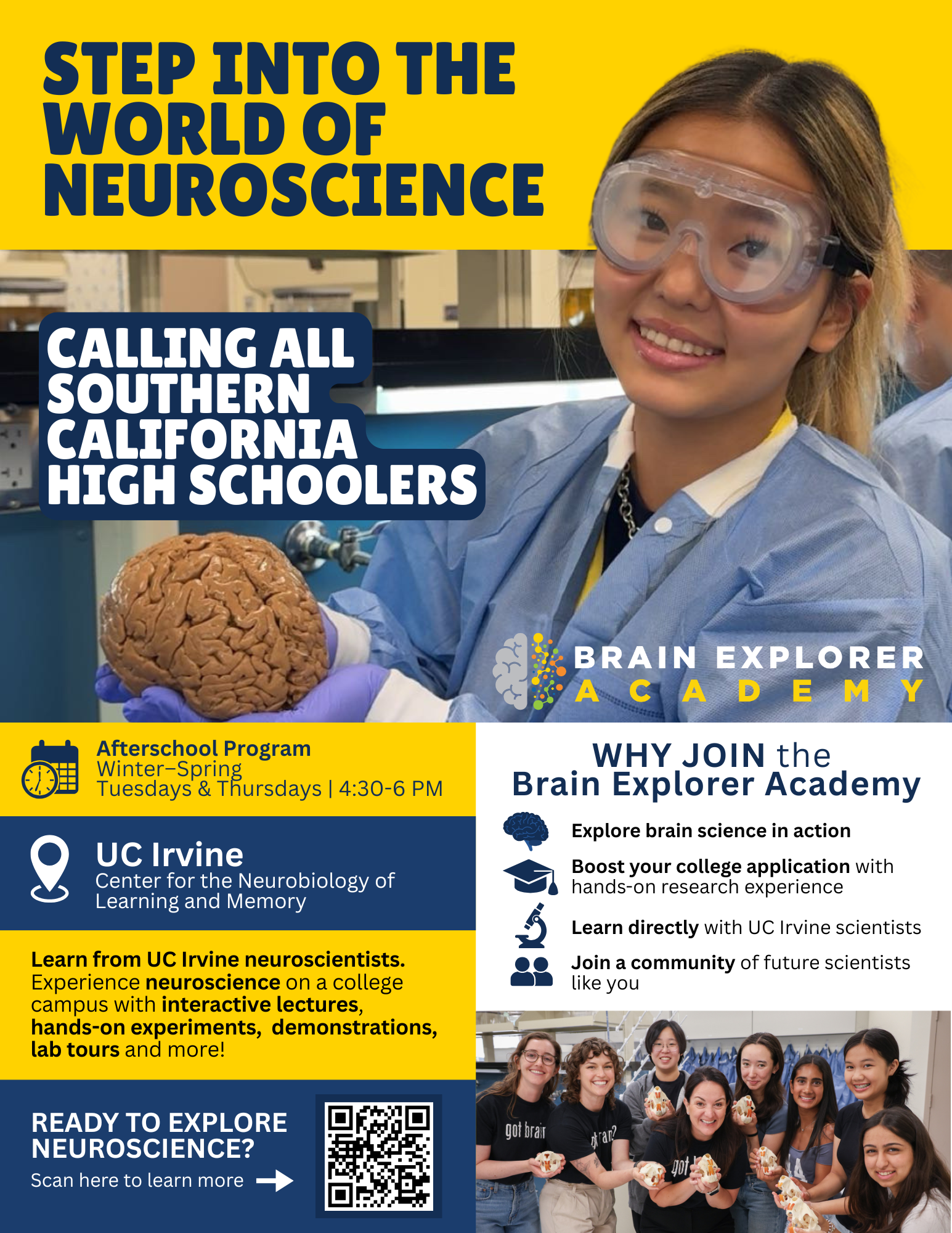 Brain Explorer Academy flyer, includes an image of a high school student holding a brain and event information.