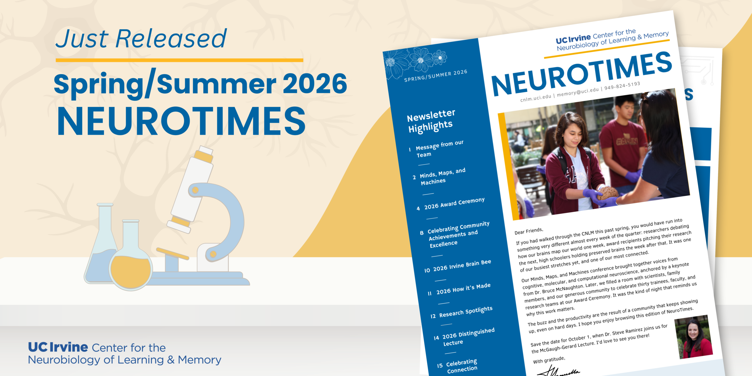 Banner with cartoon graphic of a microscope set up and a photo of the Spring/Summer Neurotimes front page