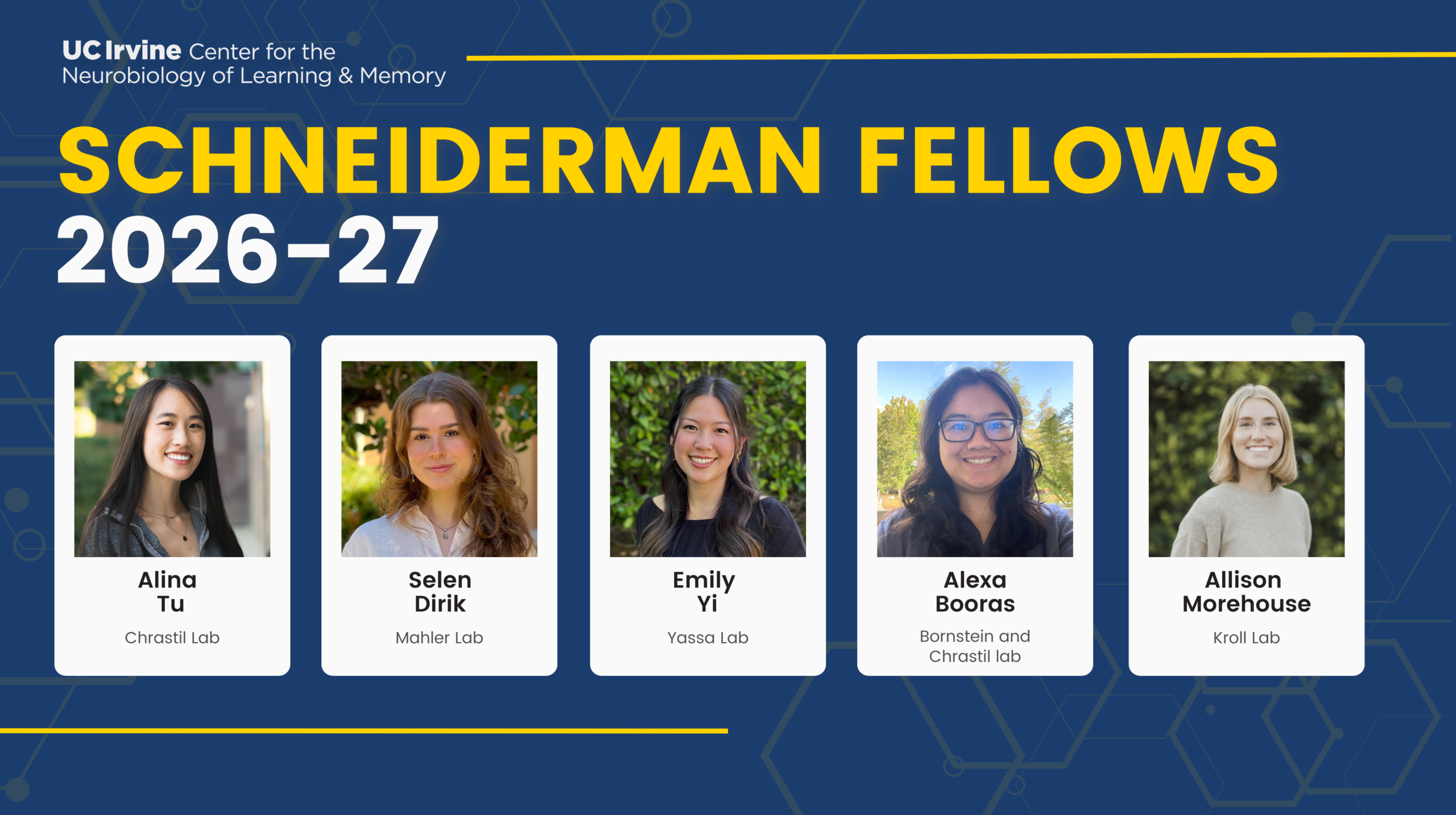 Flyer of the T32 Training Program with the following speakers, from left to right: Alina Tu, Selen Dirik, Emily Yi, Alexa Booras, Allison Morehouse