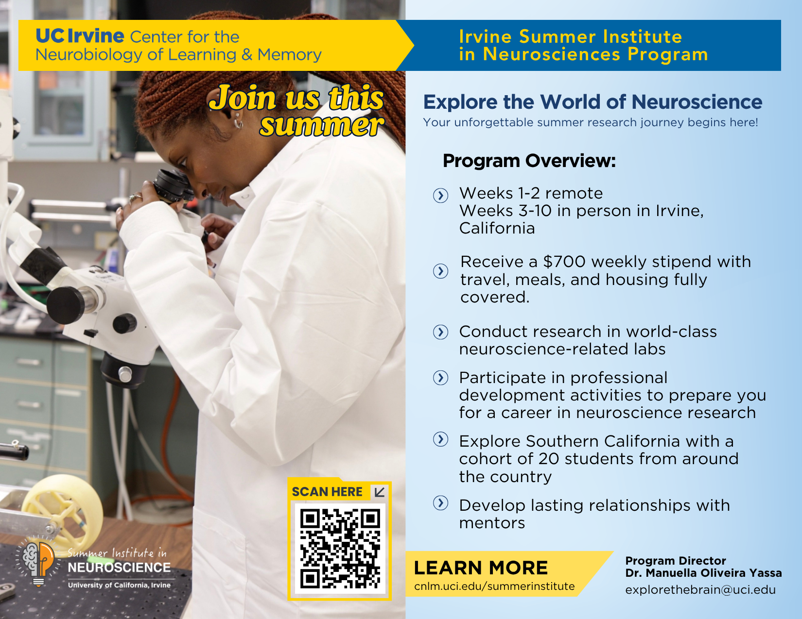 Summer Institute Postcard graphic with an image of a student looking into a microscope.