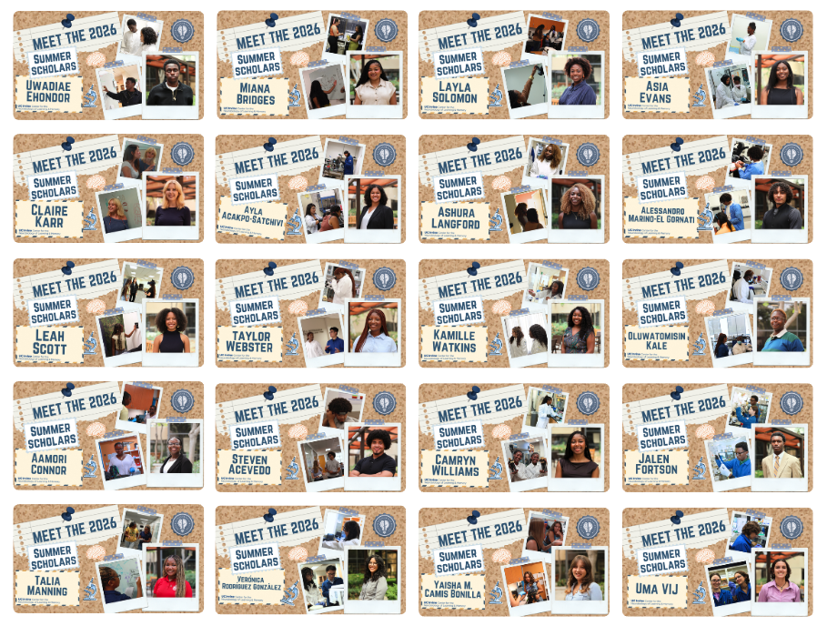 Collage featuring 20 “Meet the 2026 Summer Scholars” profiles, each with photos of a scholar and their research or summer program activities.